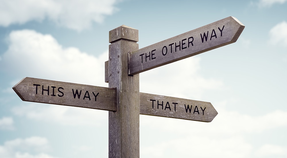 a post that says 'this way', 'that way', 'the other way'